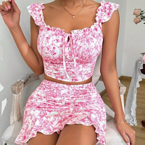 Boho Women's Ruffle Trim Ruffled 2-Piece Set Pink - Picture 1 of 6